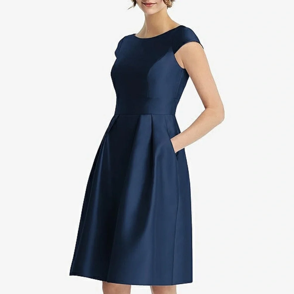 Alfred Sung Cap Sleeve Pleated Cocktail Dress With Pockets  Navy Size 14 - Picture 3 of 10